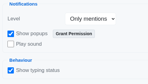 An options form with notification and typing status behaviour options