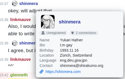 A hover pop-up showing a user profile